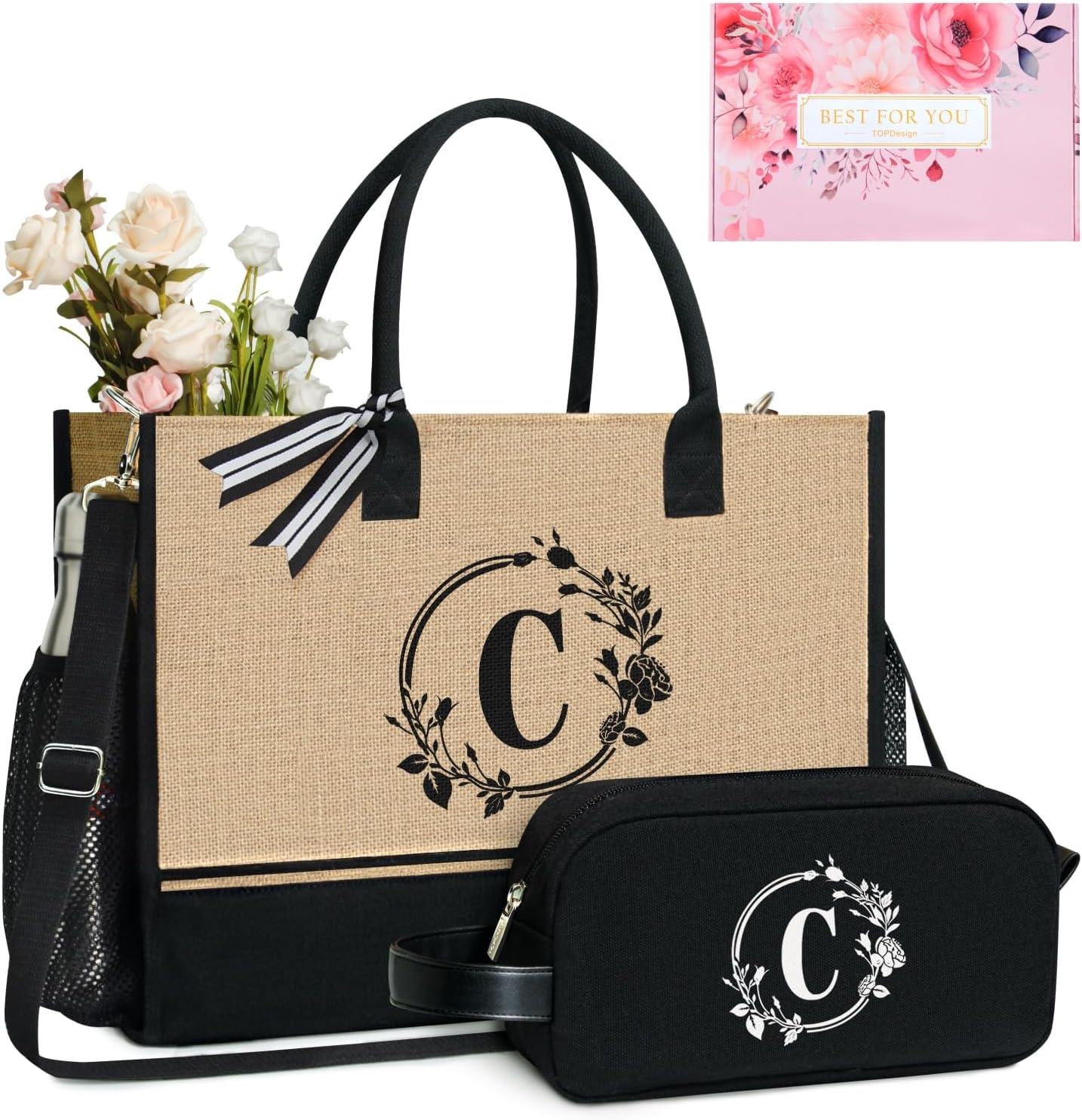 TOPDesign Personalized Initial Tote Bag with 5 Pockets, Top Zipper Closure, Birt...