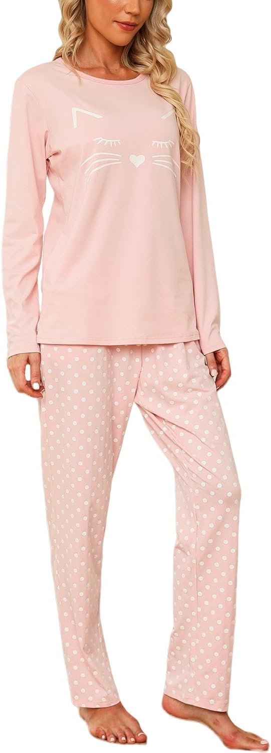 EISHOPEER Women's 2 Piece Cotton Long Sleeve Pajamas Set Cute Print Top and Pant...