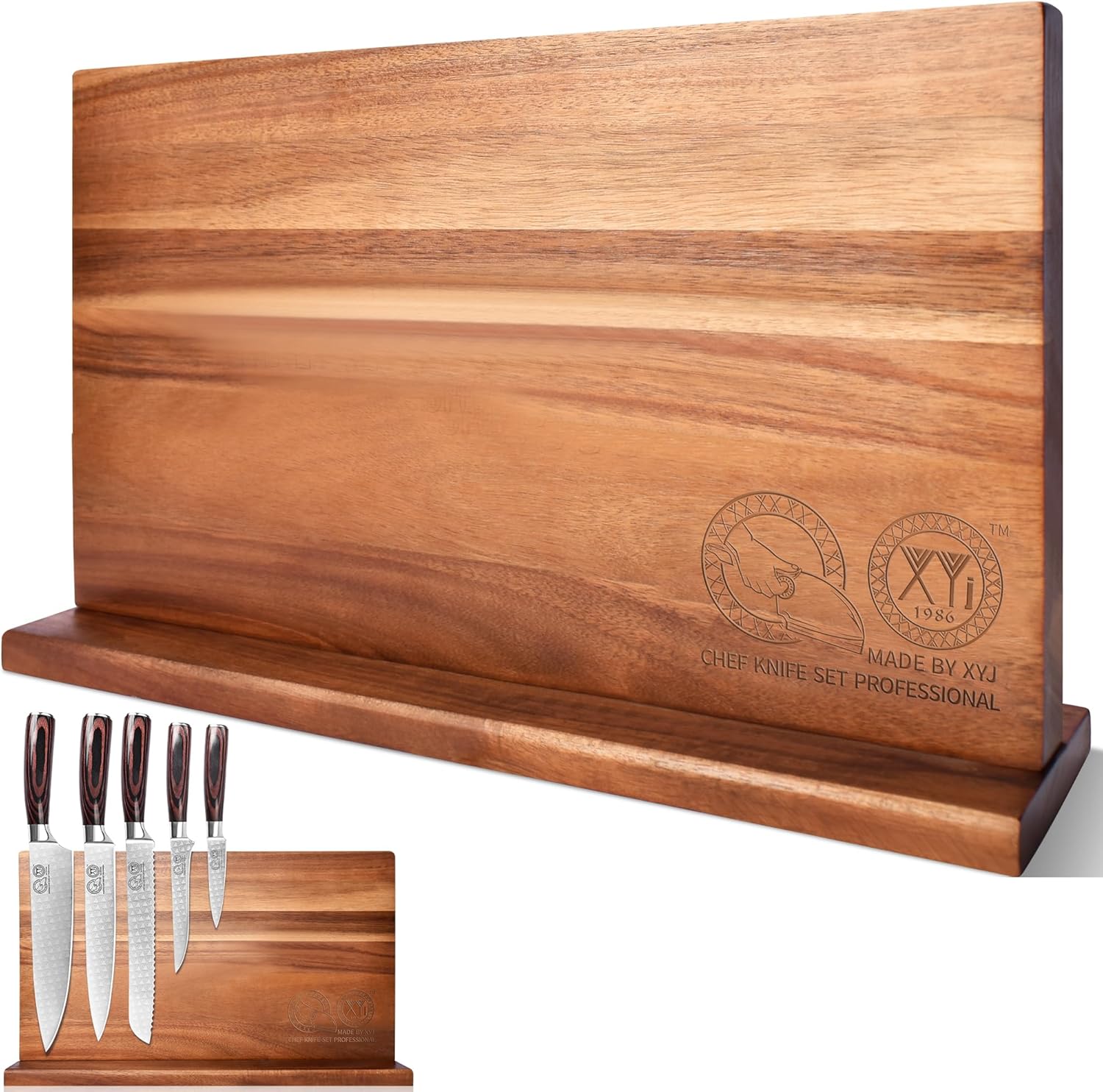 XYJ Extra Large Magnetic Knife Block Acacia Wood Knife Set Holder Stand With Str...