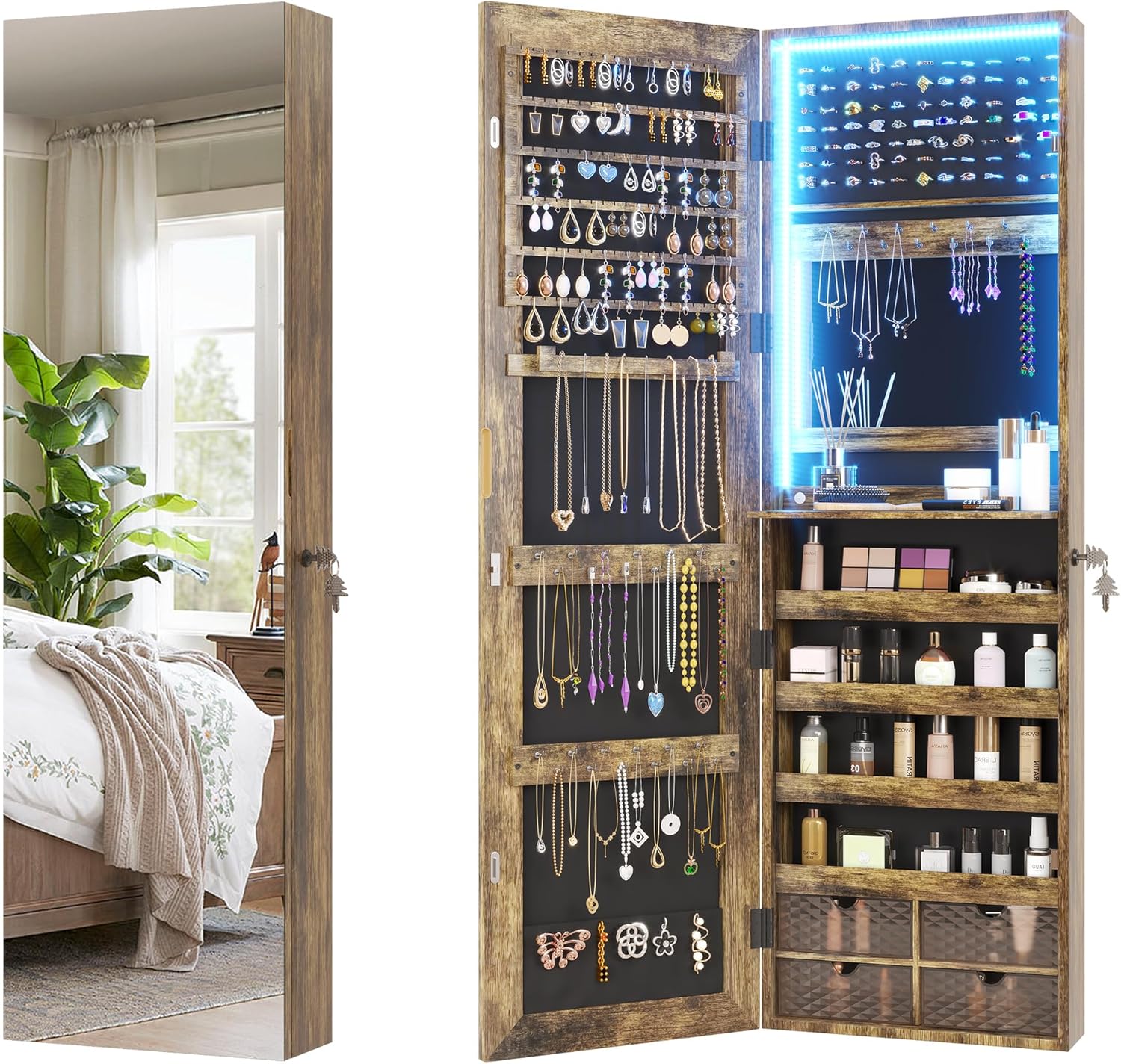 Vlsrka 47.2" LED Rustic Brown Jewelry Mirror Cabinet, Wall/Door Mounted Jewelry...