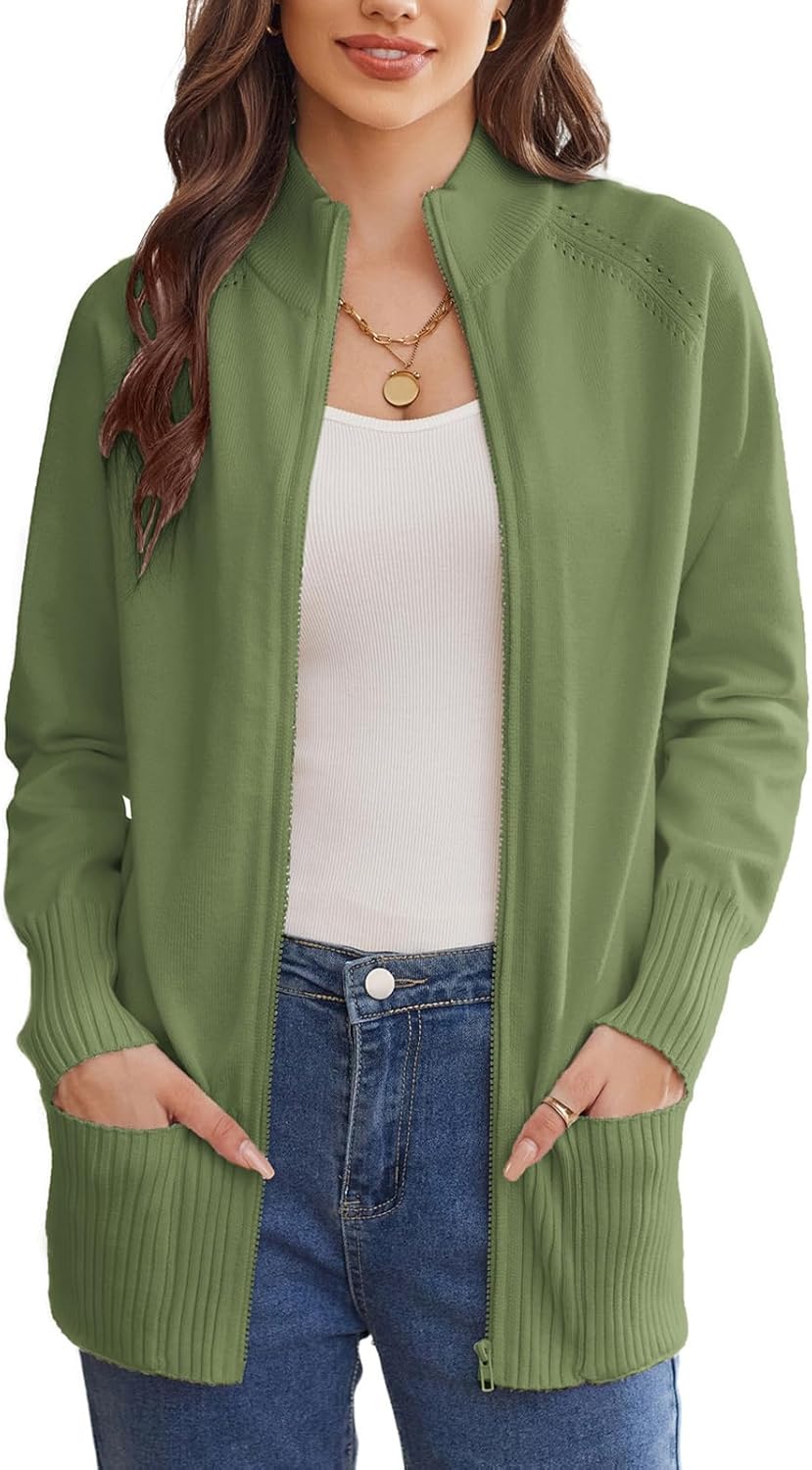 GRACE KARIN Women's Long Sleeve Zip Up Knit Cardigan with Pockets Stand Collar F...