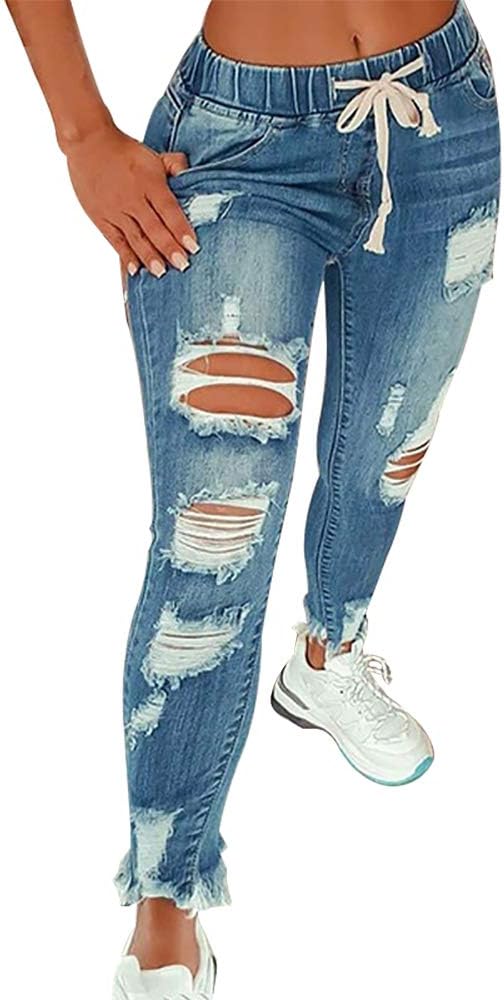 KUNMI Women High Waist Skinny Stretch Ripped Jeans Destroyed Denim Pants Plus Si...