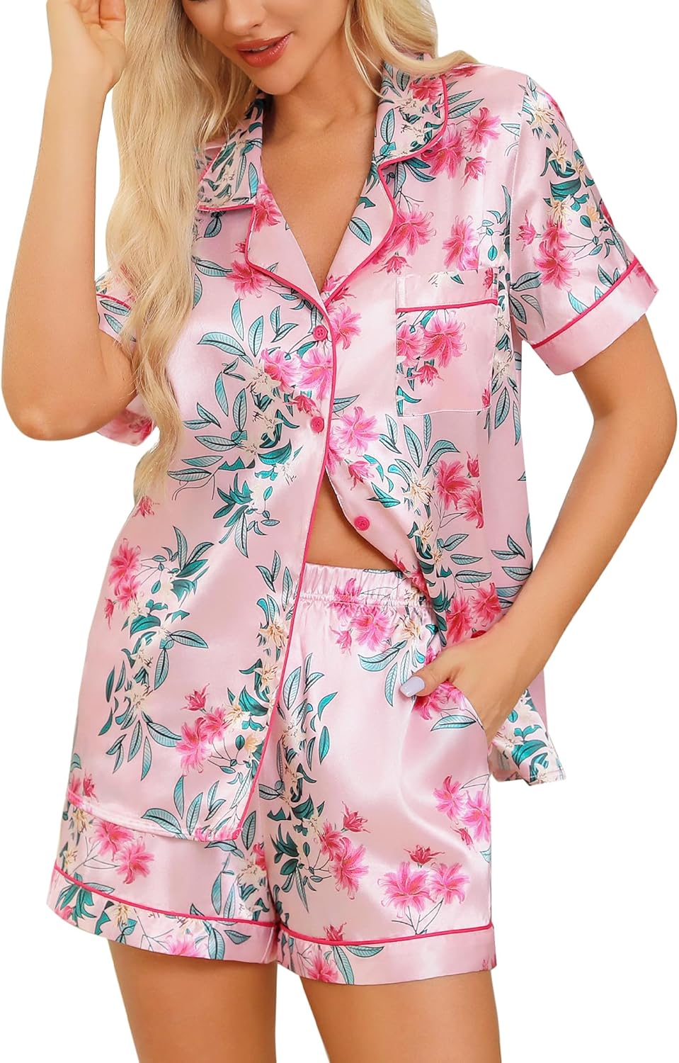 Anjue Silk Satin Pajamas Set Women's Short Sleeve Sleepwear Soft Pjs Shorts Set...