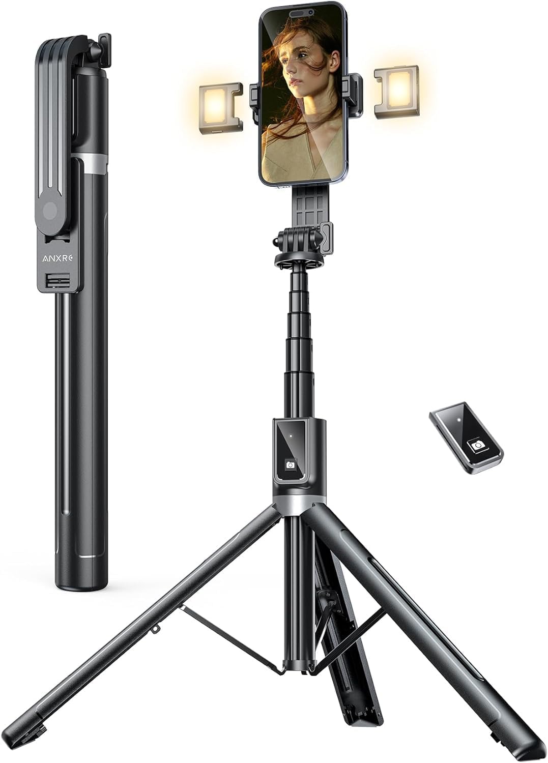 ANXRE 60" Phone Tripod with 2 Lights,[All in 1] Selfie Stick Tripod with Detacha...