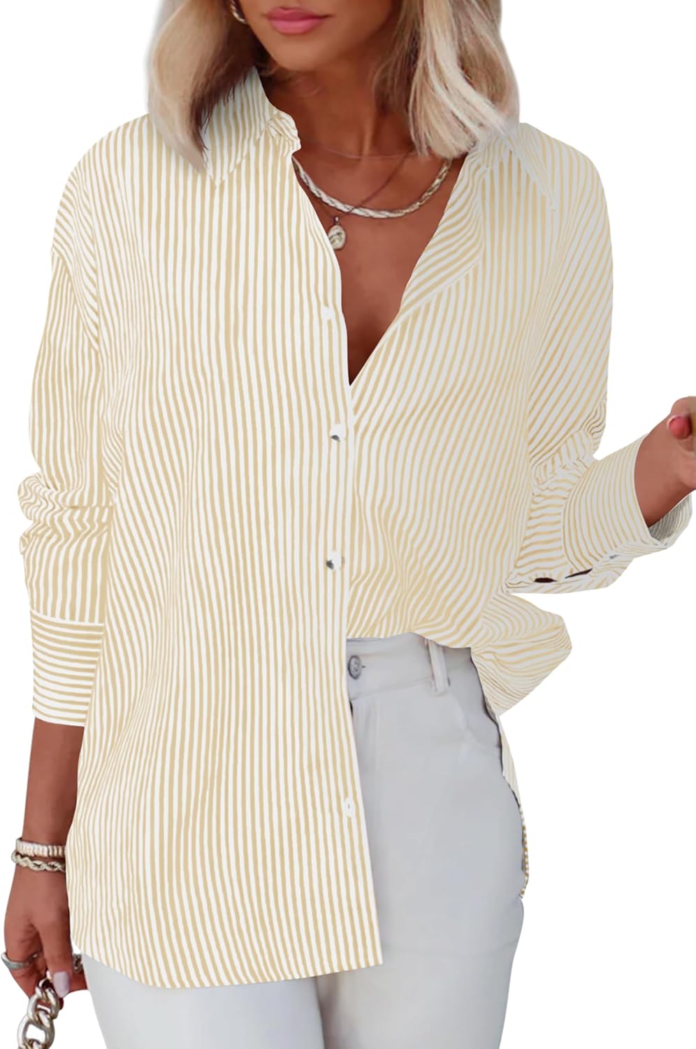 Diosun Womens Striped Button Down Shirts Classic Long Sleeve Stylish Collared Of...