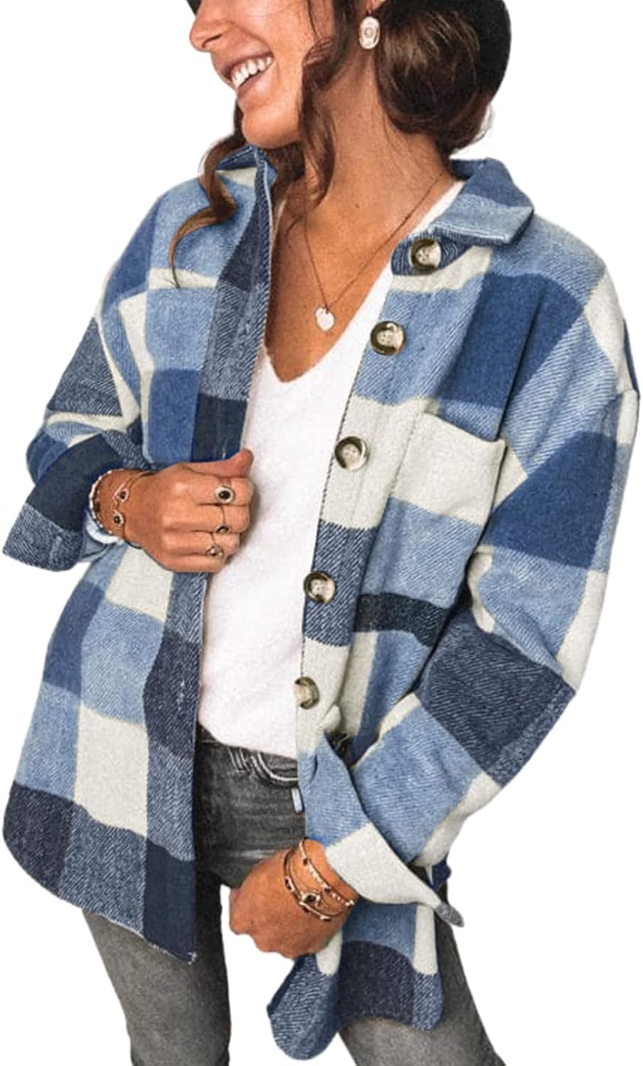 SHEWIN Womens Long Sleeve Plaid Shirts Flannel Lapel Button Down Shacket Jacket...