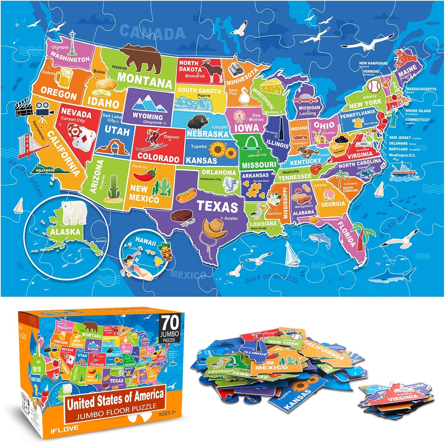 Jumbo Floor Puzzle for Kids,USA Map Puzzle Jigsaw Geography Puzzles,70 Piece US...