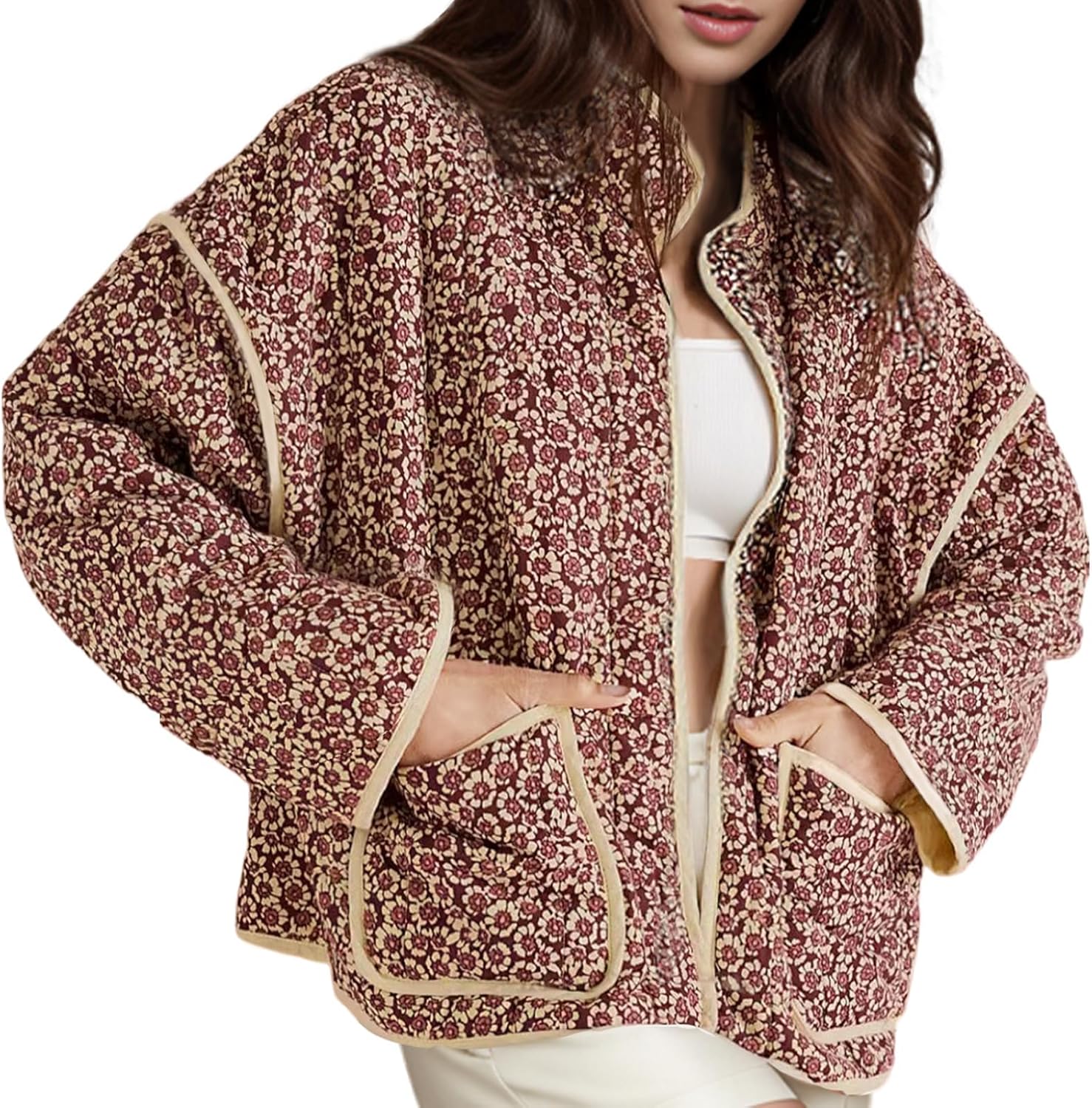 Wyeysyt Women's Cropped Puffer Jacket Lightweight Floral Print Long Sleeve Padde...