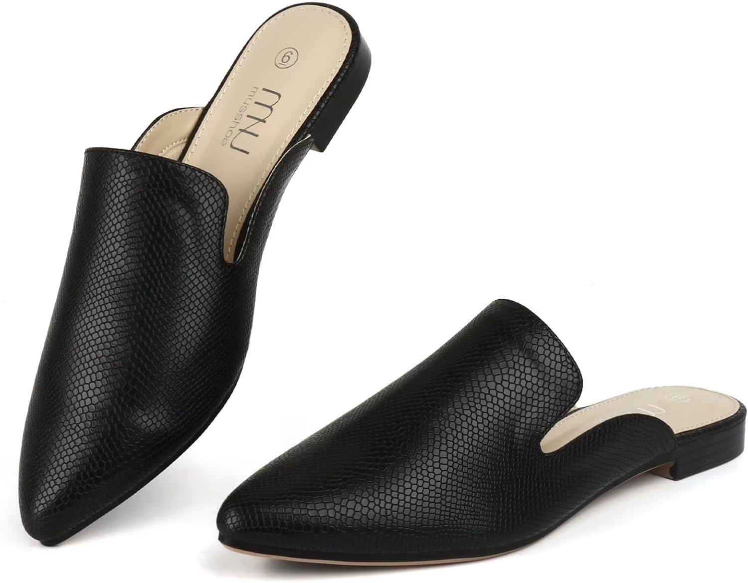 MUSSHOE Mules for Women Flats Comfortable Pointed Toe Women Mules 11 Black Snake