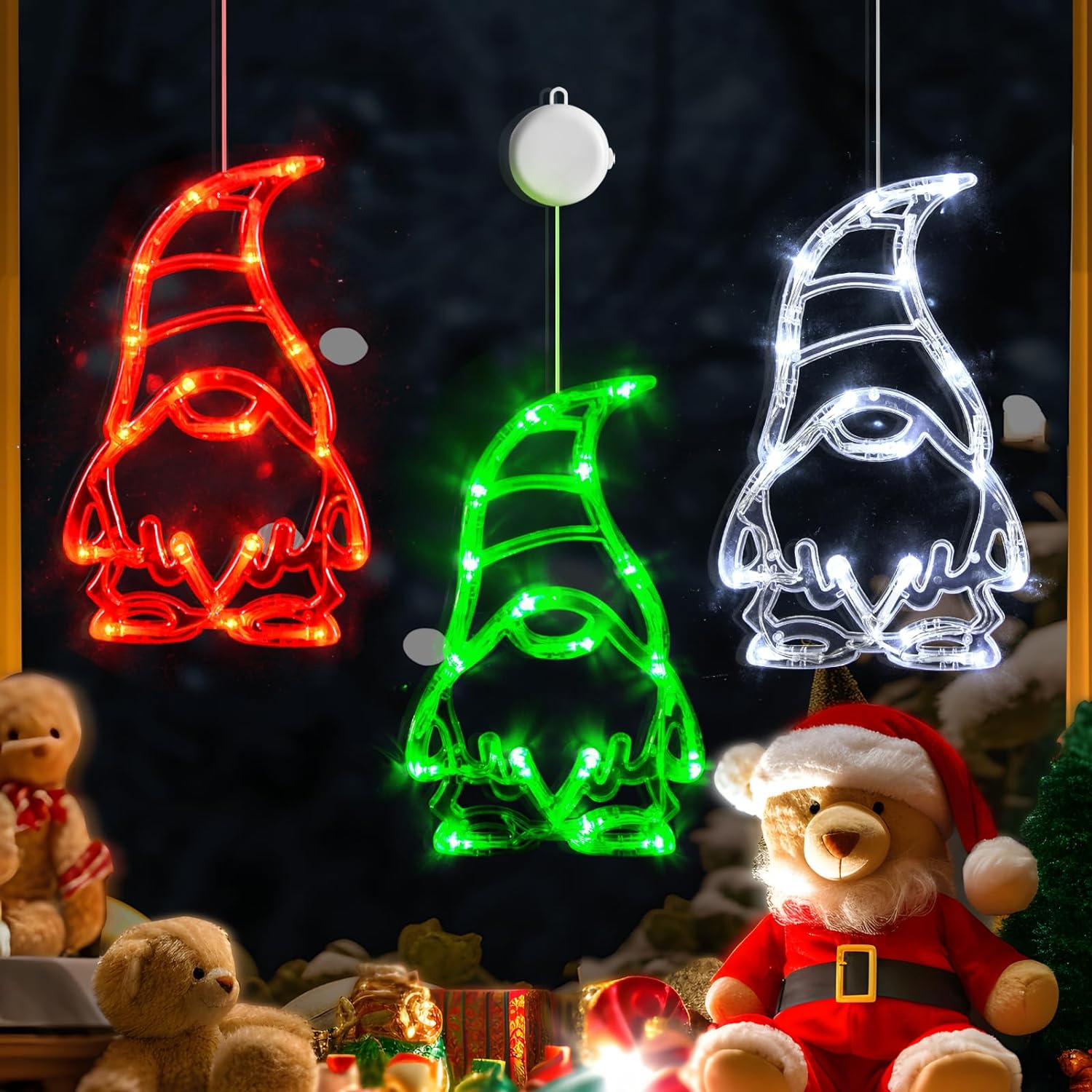 LOLStar Christmas Lights, 3 Pack Red White Green Gnomes Christmas Window Decorat...