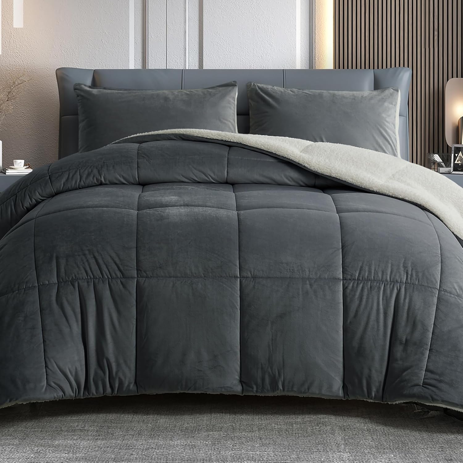 BEDHOURS Queen Comforter Set Micromink Sherpa Comforter 3 Piece Ultra Soft Plush...