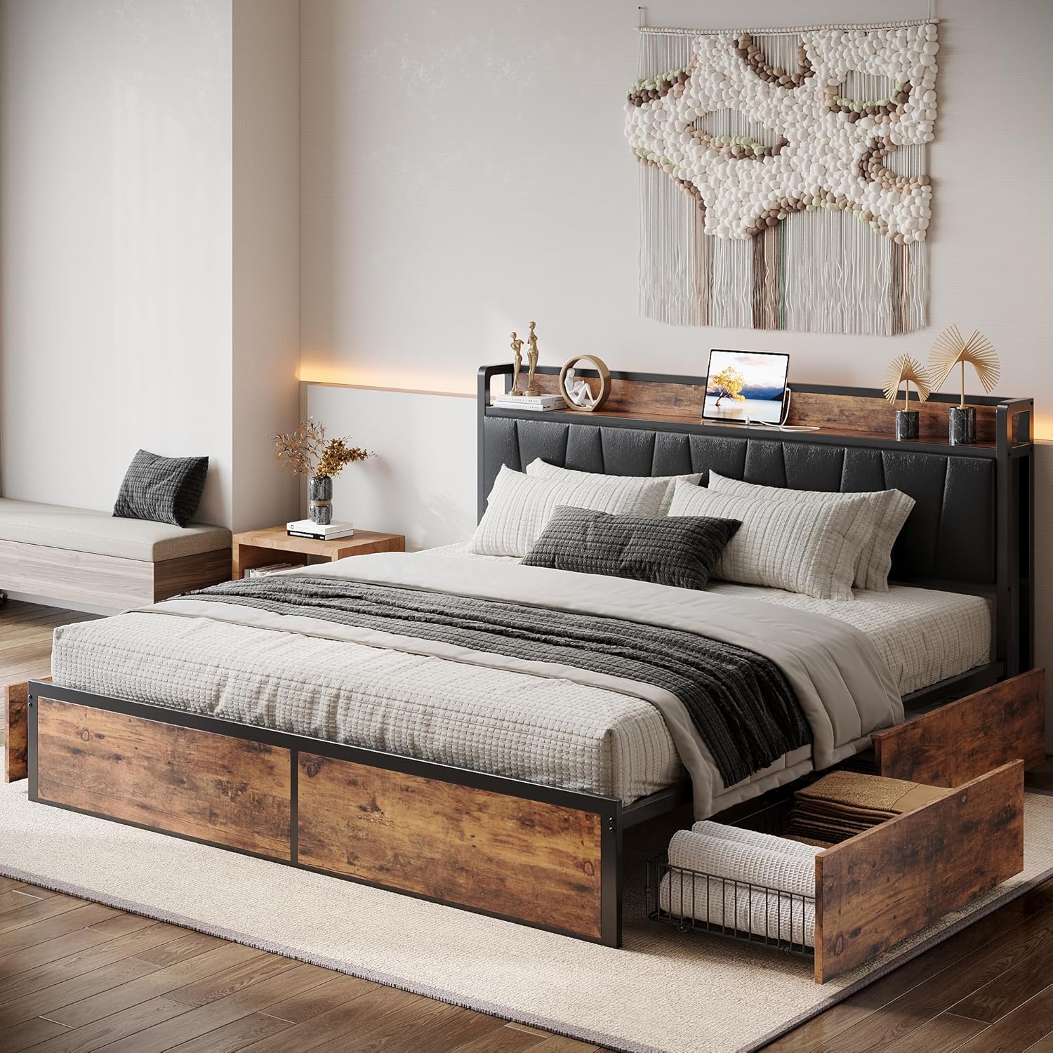 LIKIMIO King Bed Frame with 4 Storage Drawers, Platform Bed with Charged Headboa...