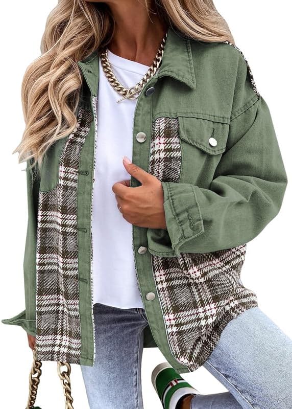 SHEWIN Women's Oversized Denim Jacket Casual Long Sleeve Button Down Plaid Shack...