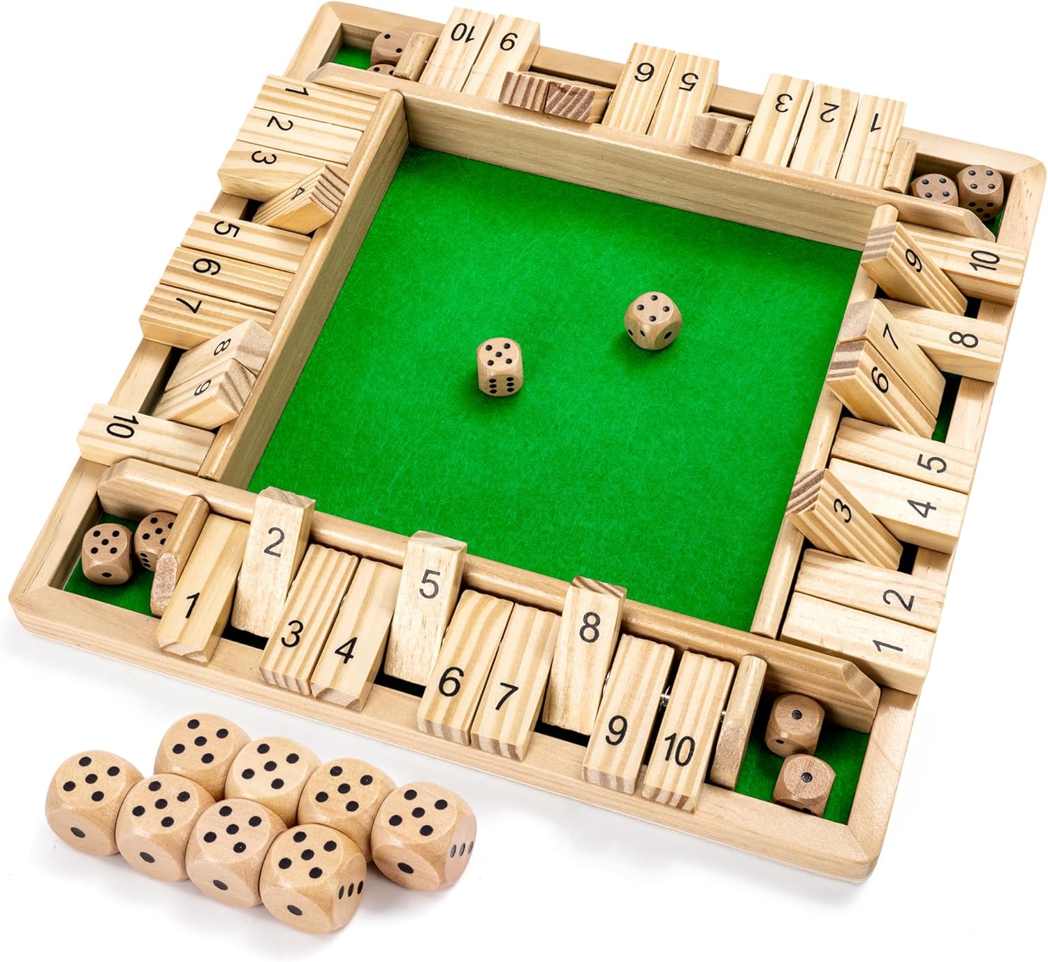 Ropoda Wooden Shut The Box Game (2-4 Players) - Large 4 Sided Board, 8 Dice, Rul...