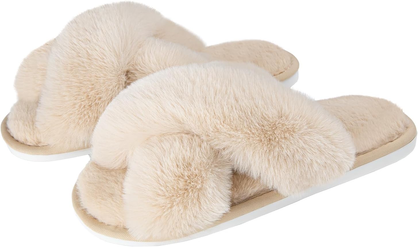 Metog Women's Fuzzy Slippers House Slippers Cross Band Slippers Indoor Outdoor S...