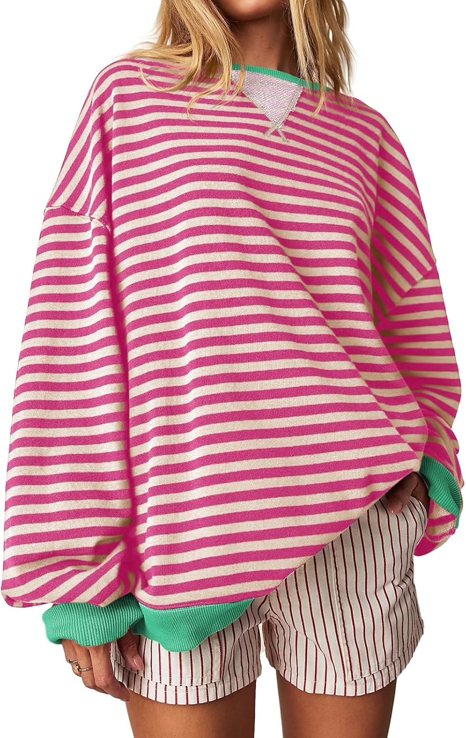 Fisoew Womens Striped Oversized Sweatshirt Color Block Crew Neck Long Sleeve Shi...