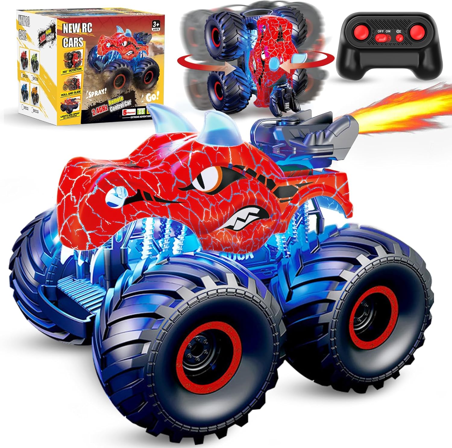 Remote Control Dinosaur Car, 2.4GHz RC Monster Trucks for Boys with Spray, Light...