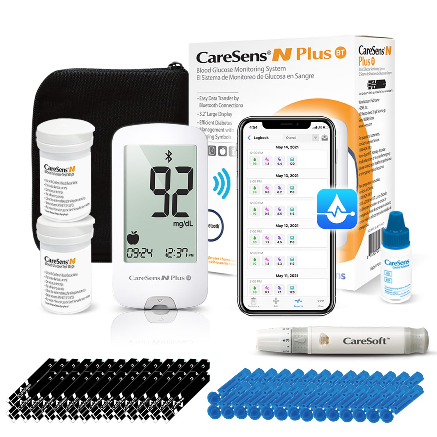 CareSens N Plus Bluetooth Blood Glucose Monitor Kit - 100 Test Strips, Lancets,...