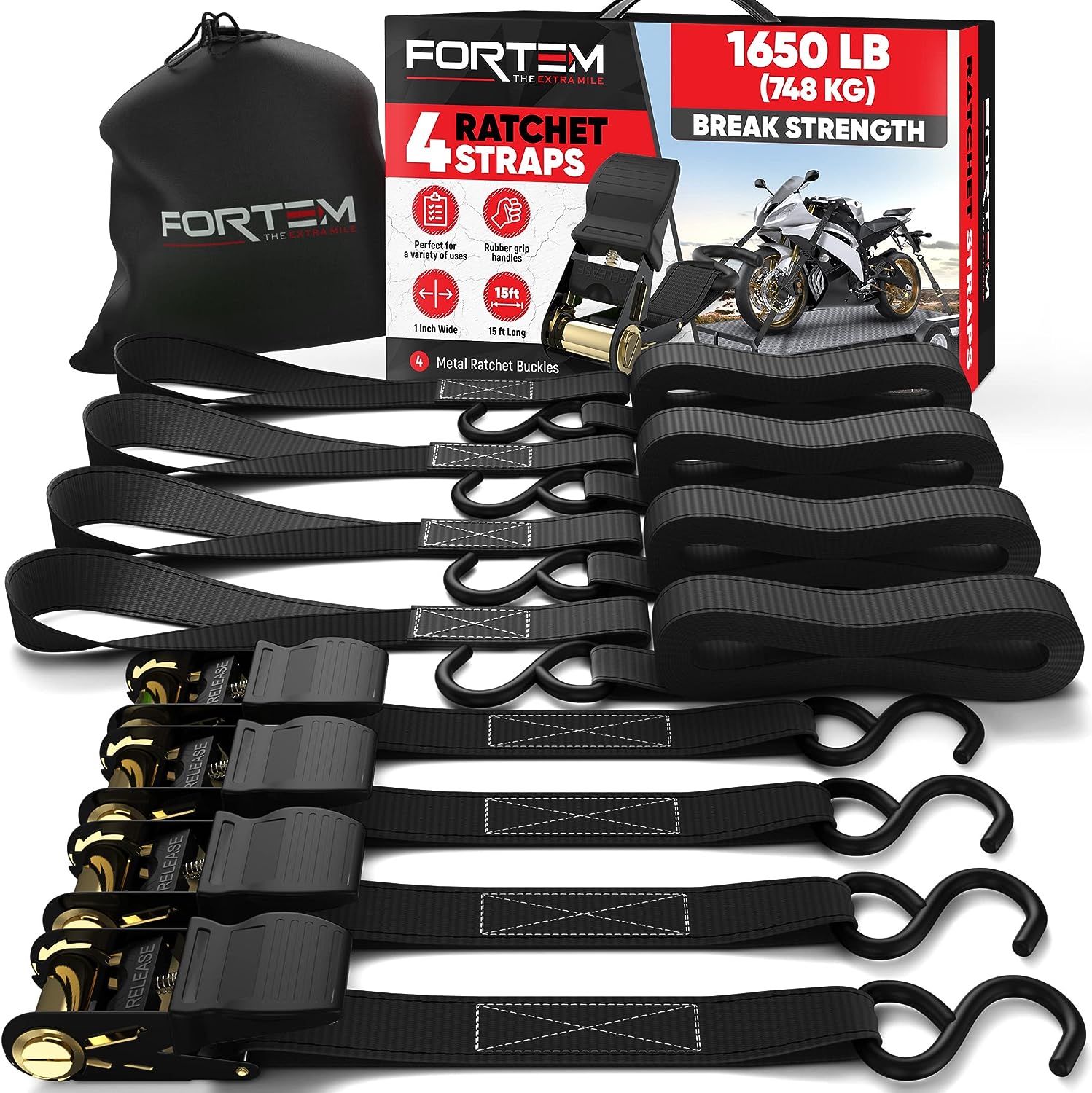 FORTEM Ratchet Straps (4), 1650lb Break Strength, 15ft Tie Down Strap, 4 Soft Lo...