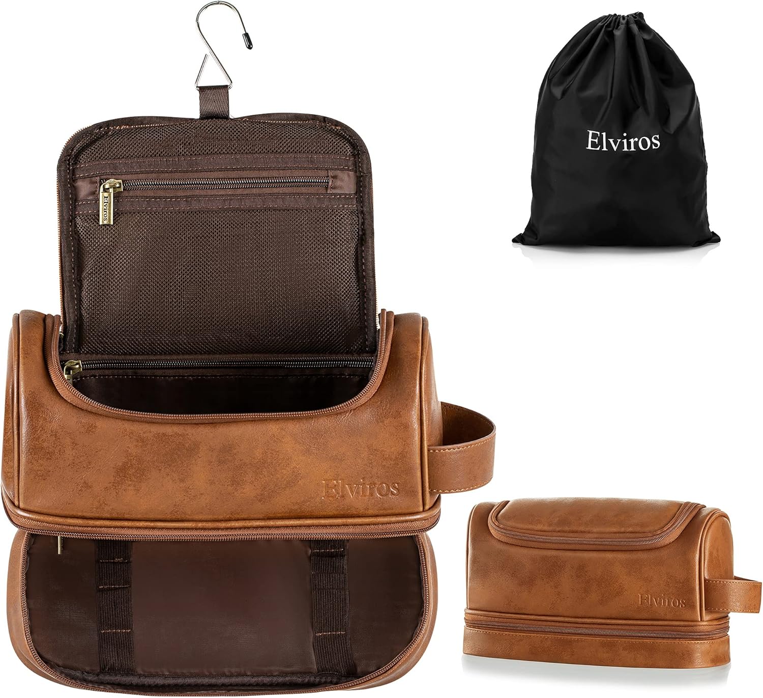 Elviros Toiletry Bag, Mens Leather Travel Organizer Kit with hanging hook, Large...