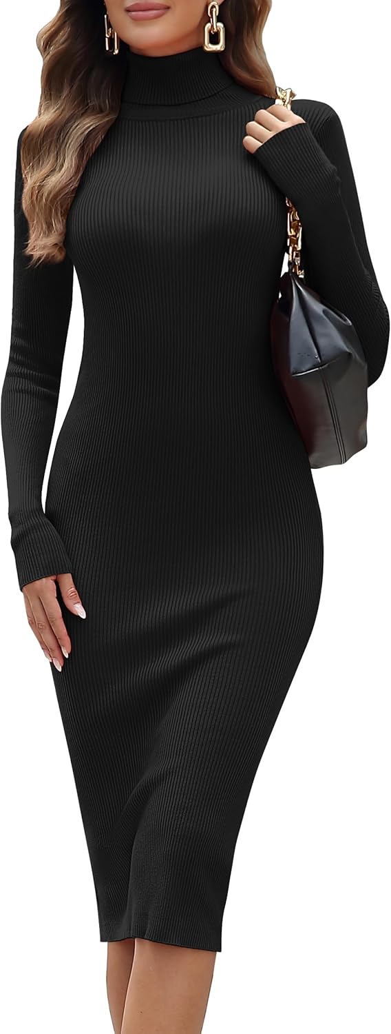 ninovino Women's Turtleneck Ribbed Knit Long Sleeve Slim Fit Sweater Dress Black...
