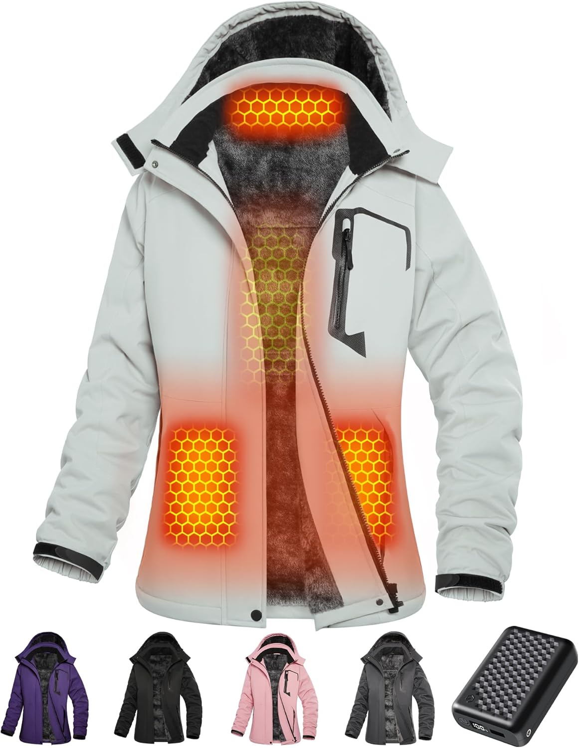 Wulcea Graphene Heated Jacket for Women Fur Lined with Large Capacity Battery Pa...