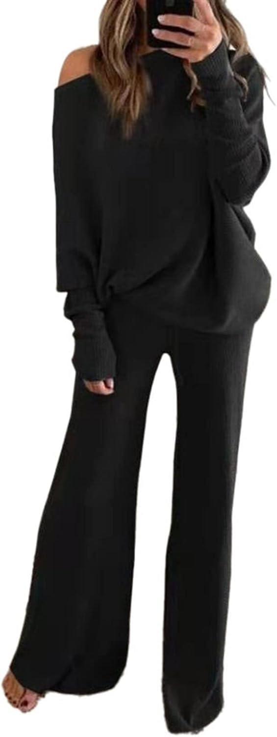 Linsery Womens 2 Piece Outfits One Shoulder Knit Sweater Pullovers Wide Leg Pant...