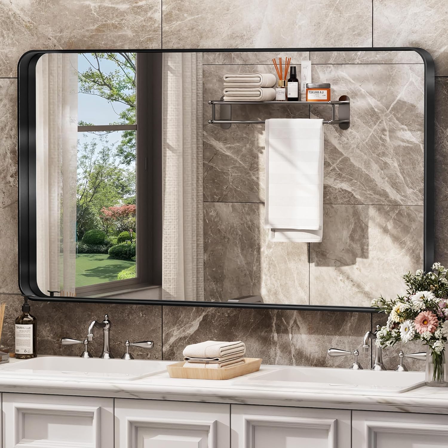 Hasipu 55×32 Inch Large Bathroom Mirror for Wall, Rectangular Black Metal Frame...