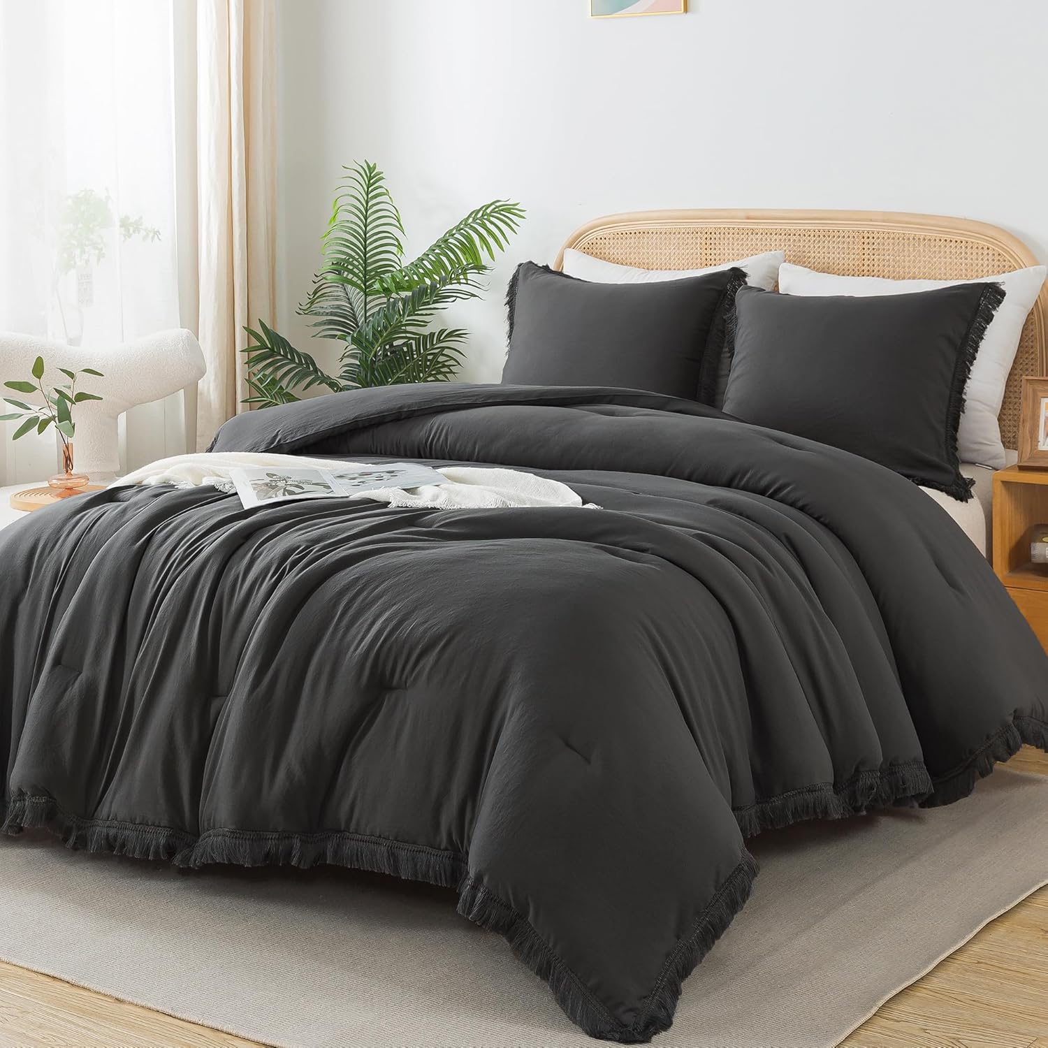 Andency Comforter King Size Bed Set Dark Grey, 3 Pieces Boho Lightweight Winter...