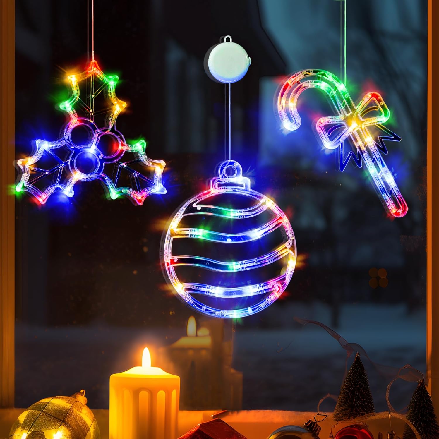 LOLStar Christmas Window Lights, 3 Pack Multicoloured Christmas Ball, Holly Berr...