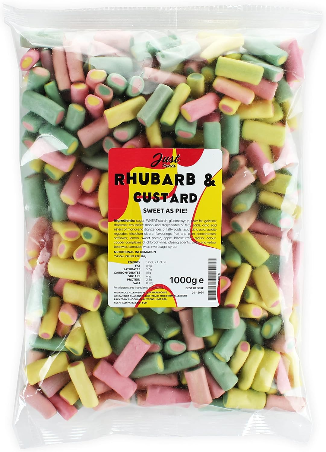 Just Treats Rhubarb & Custard Pieces (1 Kilo Party Bag) 1 kg (Pack of 1)