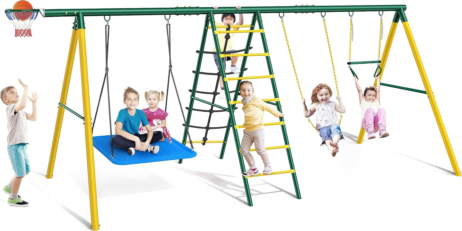 Osoeri Swing Sets for Backyard, 6 in 1 Swing Sets,Heavy-Duty Metal Swing Sets fo...