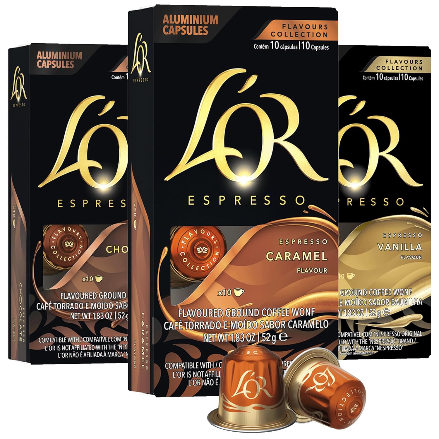 L'OR Espresso Capsules, 30 Count Variety Pack Vanilla/Chocolate/Caramel, Single-...
