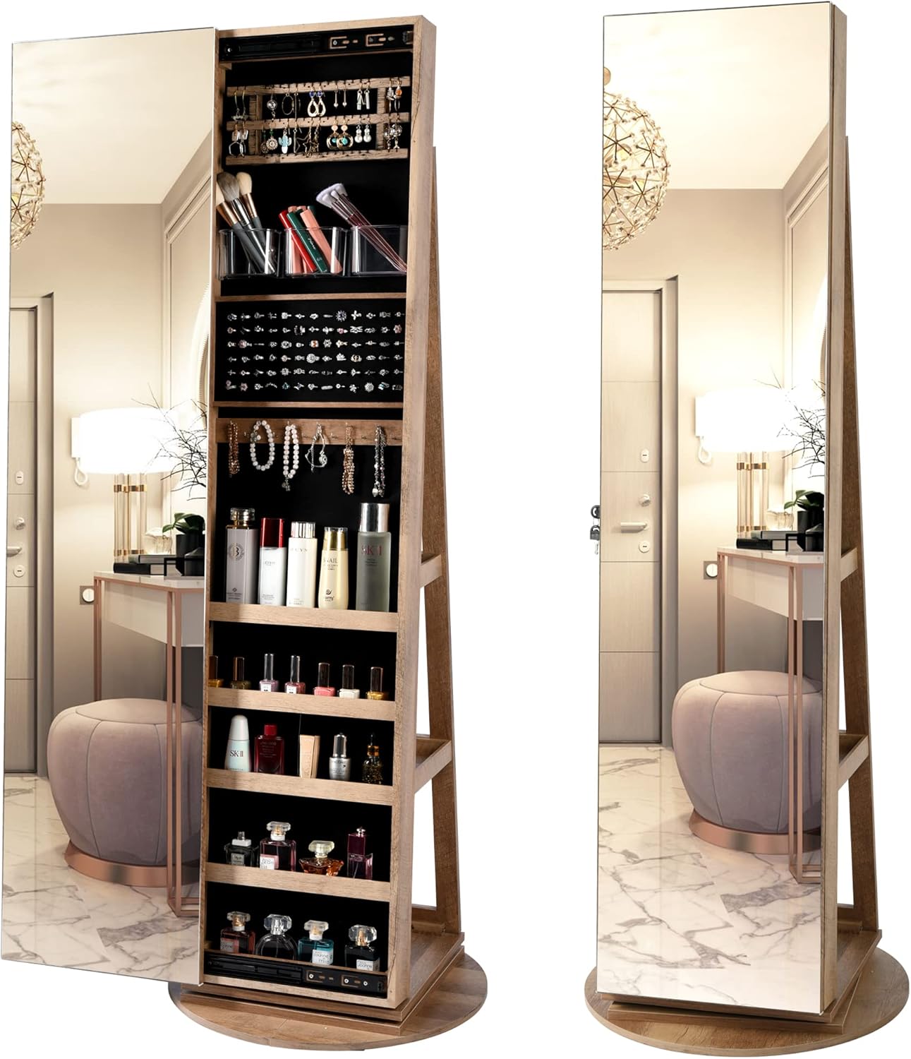 LVSOMT 360° Swivel Jewelry Cabinet with Full Length Mirror, 63" Large Jewelry Ar...
