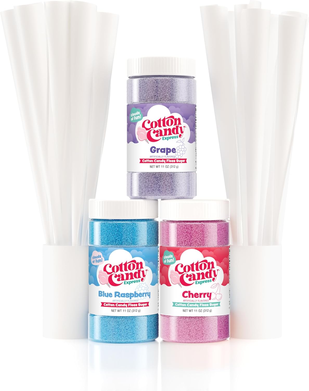 Cotton Candy Express Floss Sugar Variety Pack with 3 - 11oz Plastic Jars of Cher...