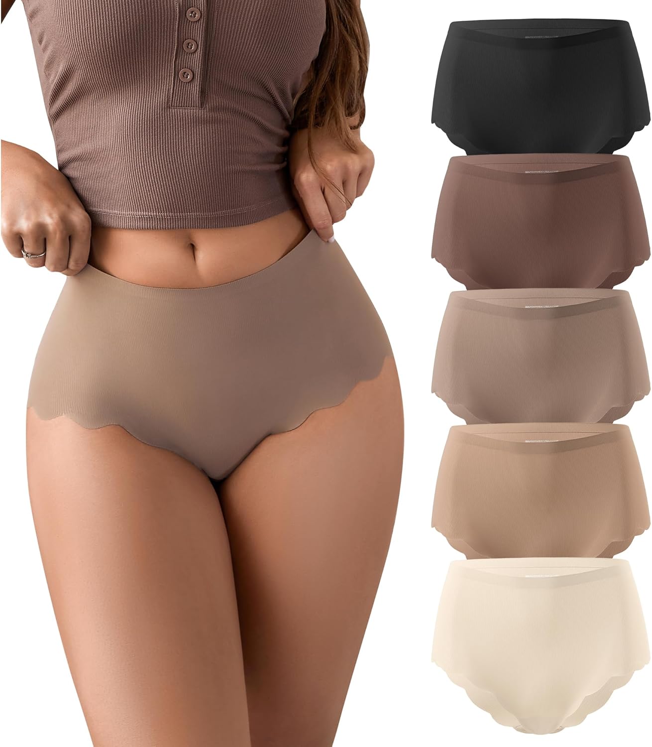 SHARICCA Seamless High Waisted Underwear for Women Cheeky Underwear Wave Edge No...