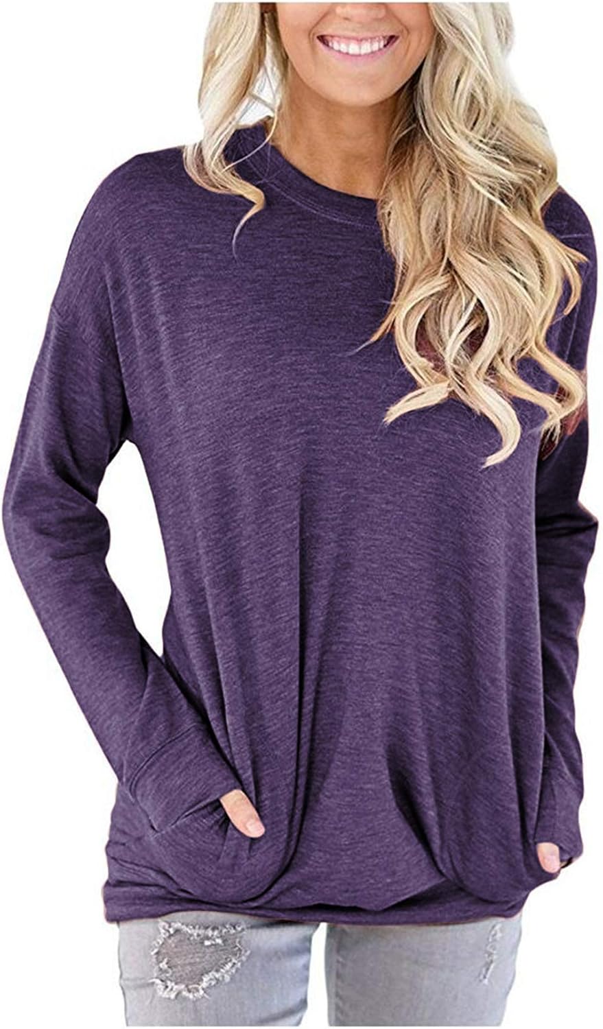 onlypuff Womens Pocket Shirts Pullover Sweatshirt Loose Fit X-Large B Purple