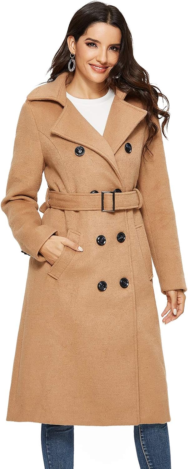 Escalier Womens Wool Coat Double Breasted Pea Coat Winter Long Trench Coat with...