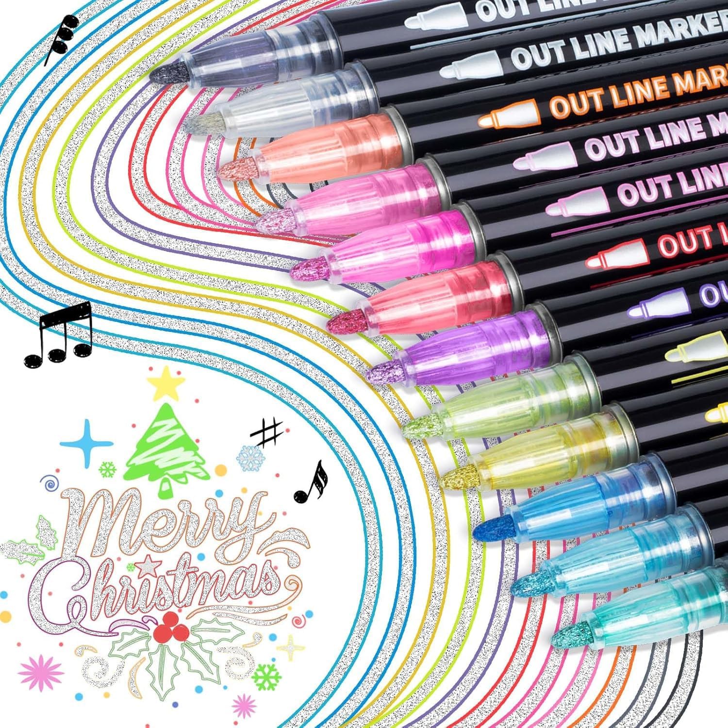 AKARUED Glitter Pens Outline Marker Pens, Metallic Magic Pens for Stocking Fille...
