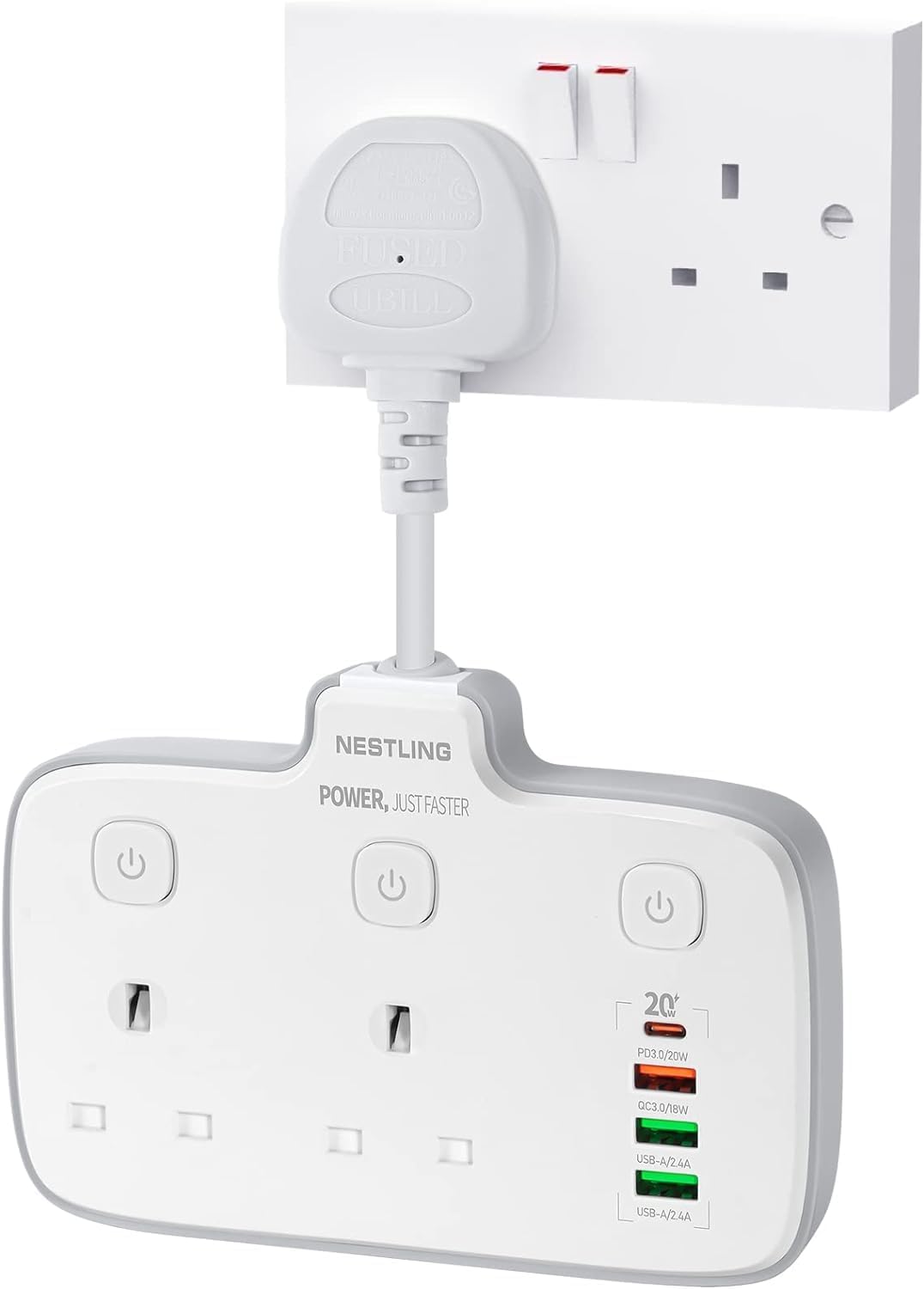 Nestling Plug Extension with 4 USB Ports, 2 Way Multi Power Socket, 6-in-1 2500W...