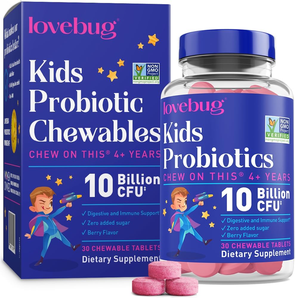 lovebug PROBIOTICS for Kids – Probiotic Chewables with Prebiotic Fiber for Age 4...