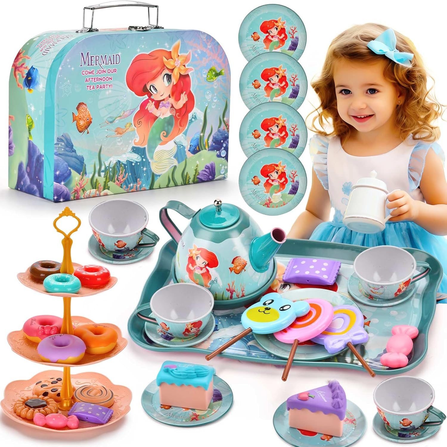 48pc Mermaid Tea Party Set for Little Girls,Birthday Gifts for Age 3 4 5 6 Year...