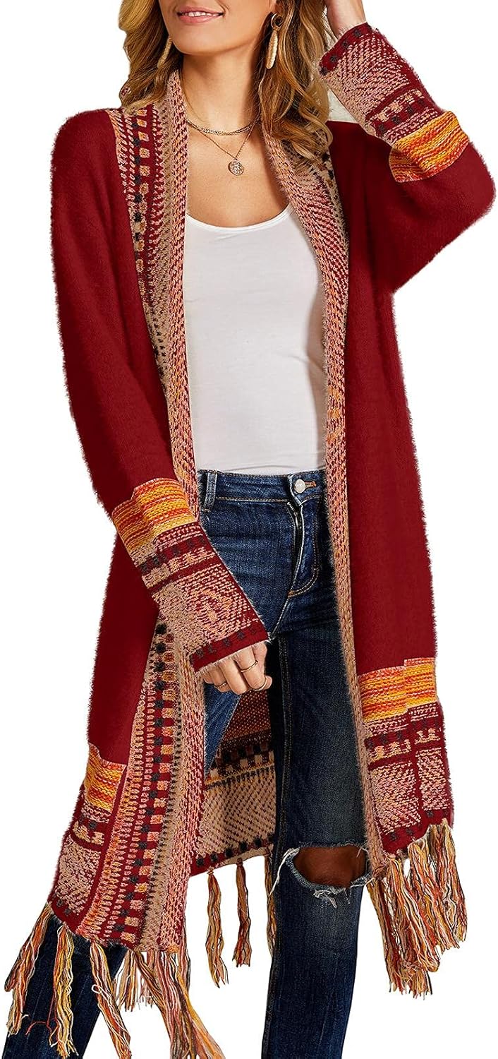 FERBIA Women Boho Cardigan Sweater Long Open Front Maxi Knit Sweaters Aztec Trib...