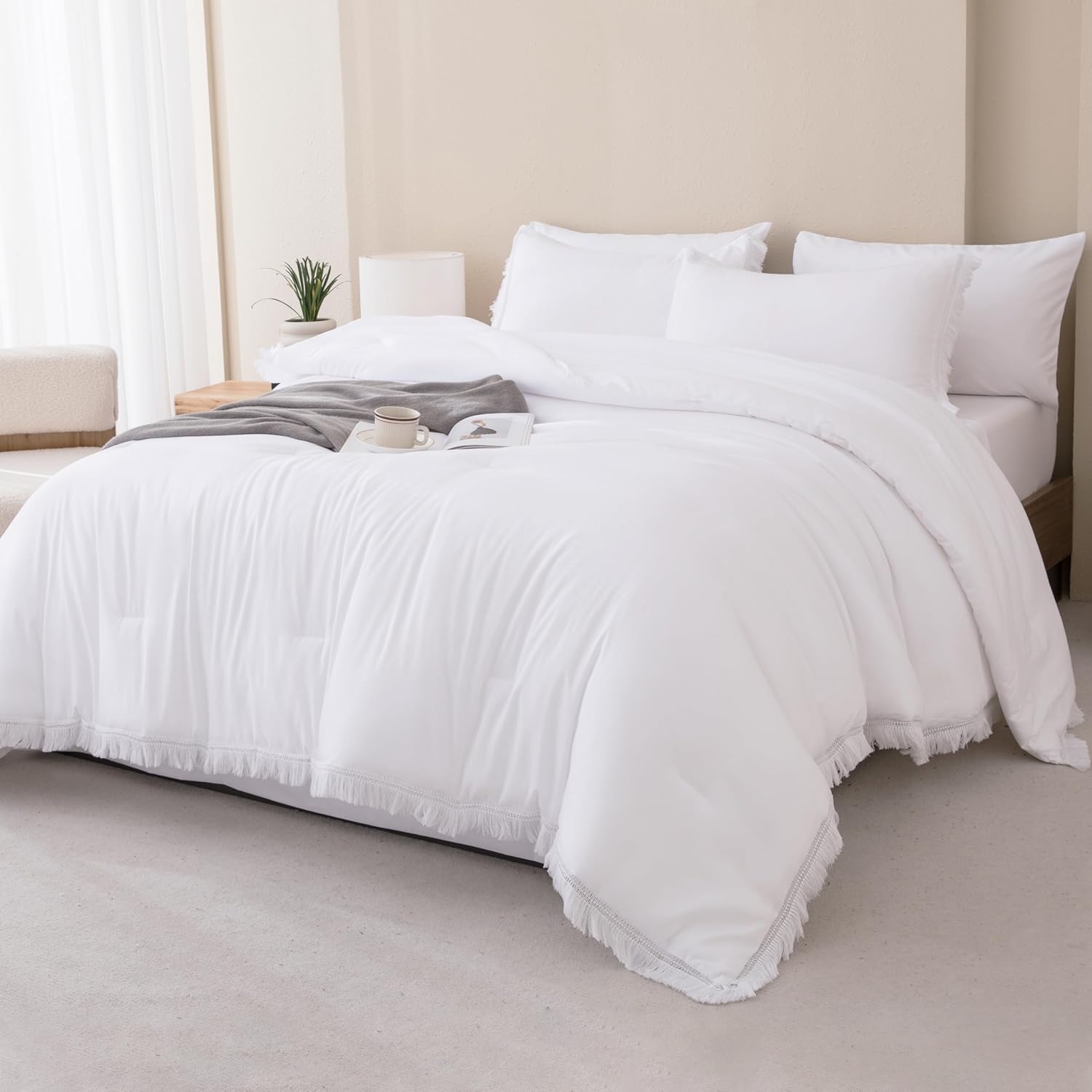 Andency Queen Comforter Set with Sheets White -7 Pieces Boho Tassel Bed in a Bag...