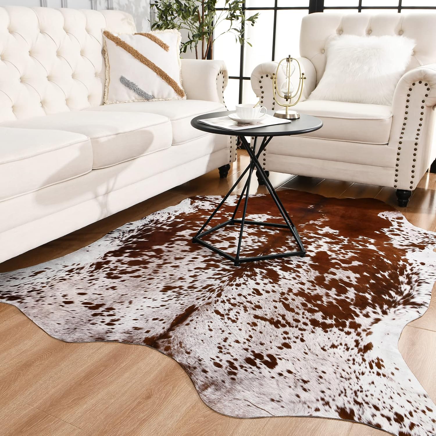Easycozy Faux Cowhide Rug Large Cow Print Rug 4.6 x 5.2 Feet Thickened Elastic C...