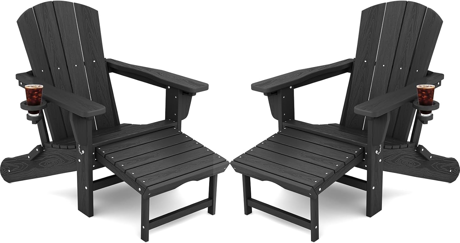 KINGYES Folding Adjustable Adirondack Chair with Retractable Ottoman Set of 2, H...