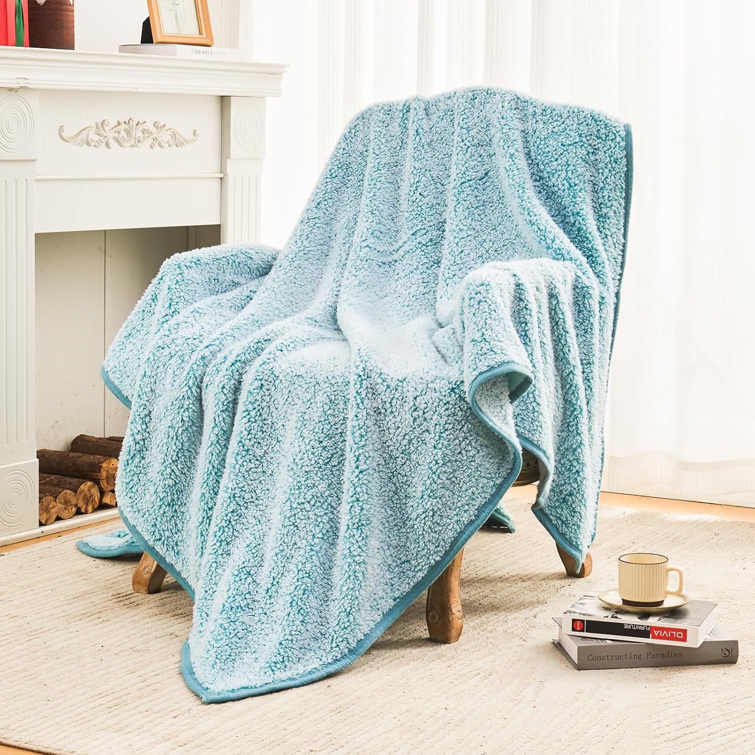 EMME Fuzzy Fleece Warm Blanket 90"x90" Large Queen Size Ultra Soft Warm Sherpa B...