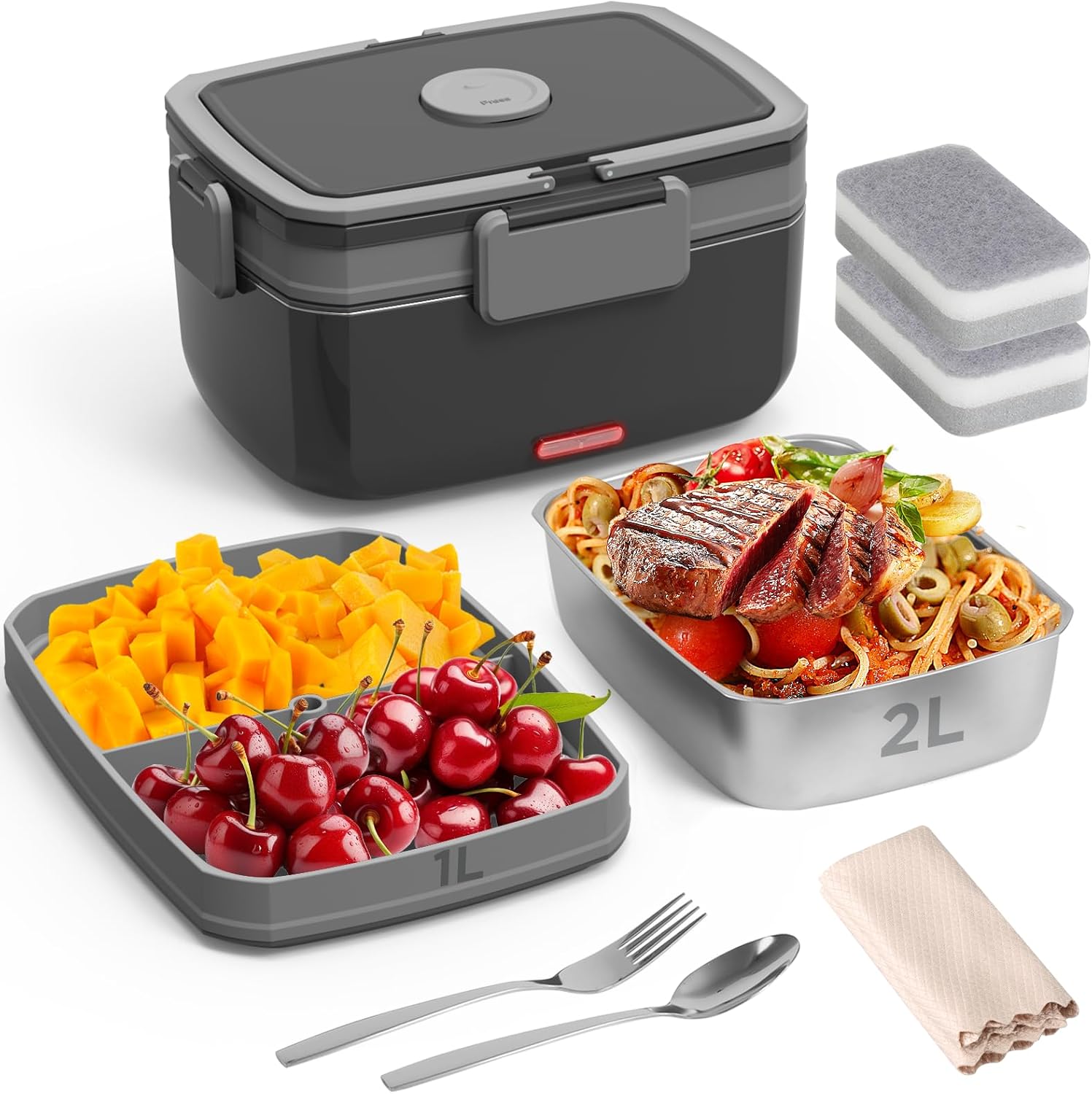 Electric Lunch Box Food Heater with 2L Stainless Steel & 1L PP Fruit Container B...