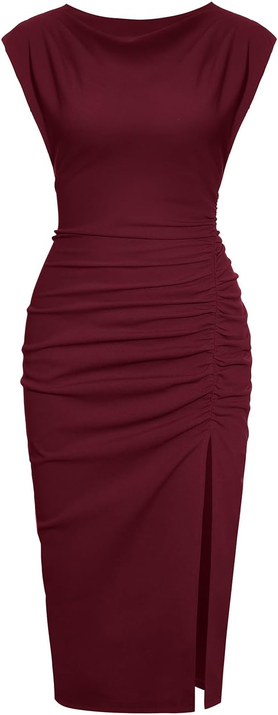 IHOT 2024 Women's Mock Neck Side Slit Ruched Bodycon Cocktail Party Wedding Gues...
