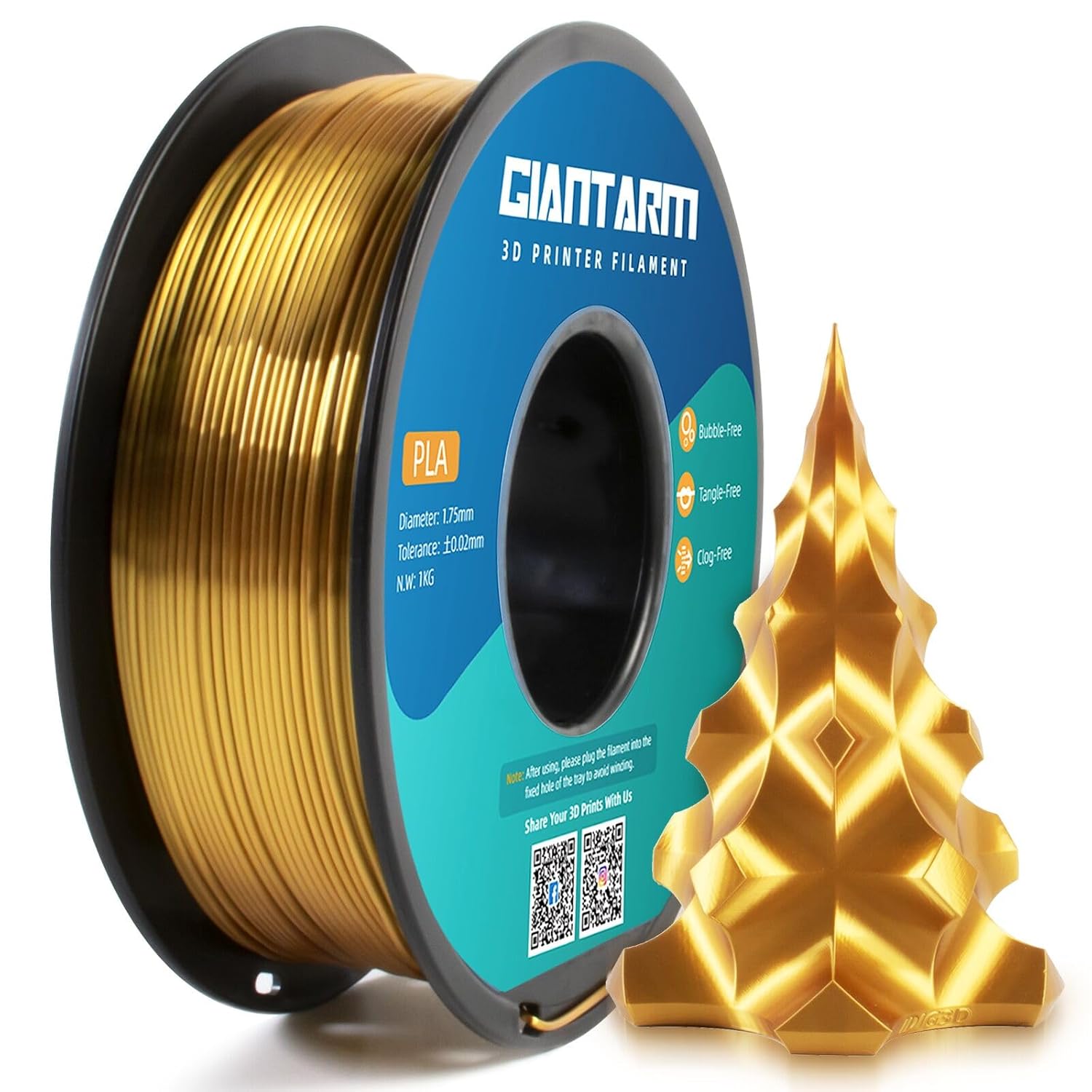 GIANTARM 3D Printer Filament, Silk Gold Pla Filament, 1Kg(2.2lbs) Spool, 1.75mm...